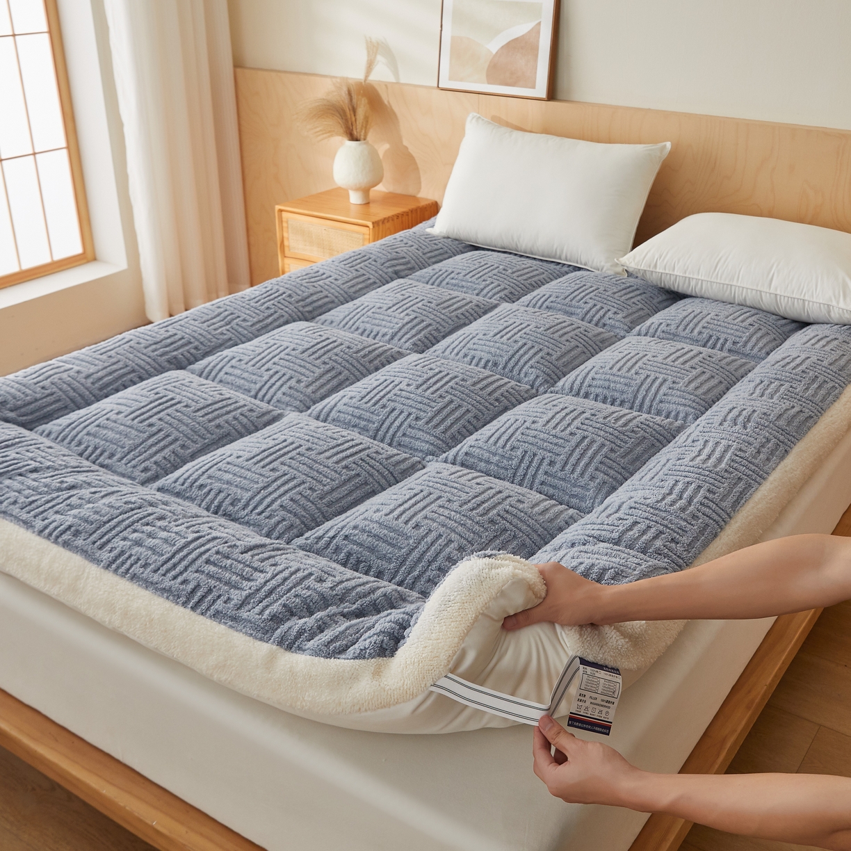 91家纺网 家纺一手货源 找家纺 蓝冰家纺 2026新款塔关绒立体床垫 蓝灰色