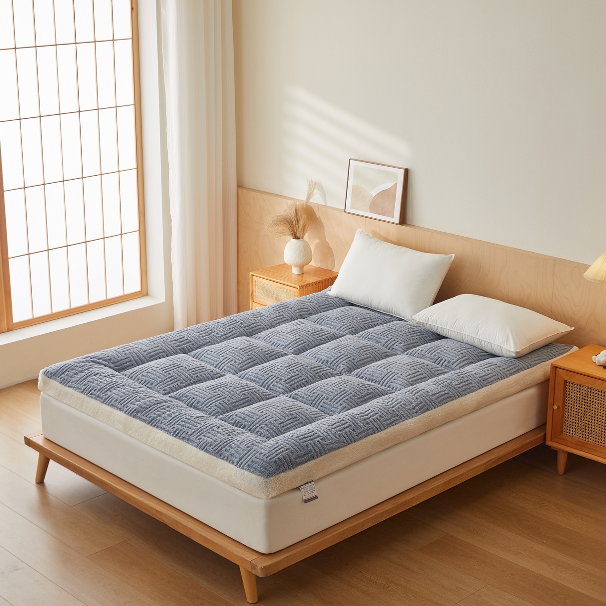 91家纺网 家纺一手货源 找家纺 蓝冰家纺 2026新款塔关绒立体床垫 蓝灰色