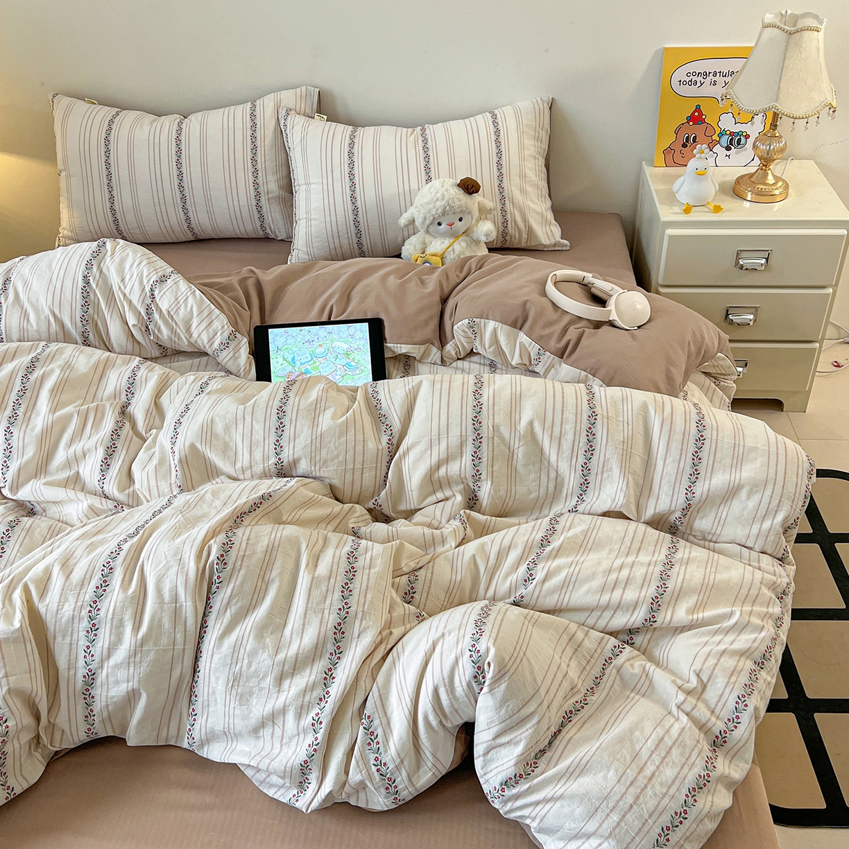 91家纺网 家纺一手货源 找家纺 （总）女子家纺 2026新款小清新全棉纯棉色织提花四件套