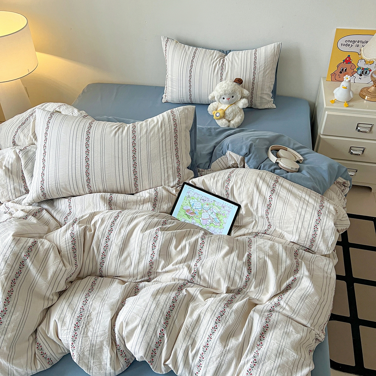 91家纺网 家纺一手货源 找家纺 （总）女子家纺 2026新款小清新全棉纯棉色织提花四件套