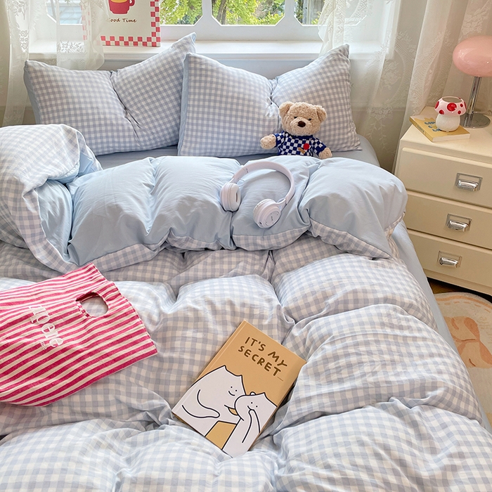 91家纺网 家纺一手货源 找家纺 优尚佳生活馆 2026新款A类水洗ins风亲肤印花四件套 玻璃蓝