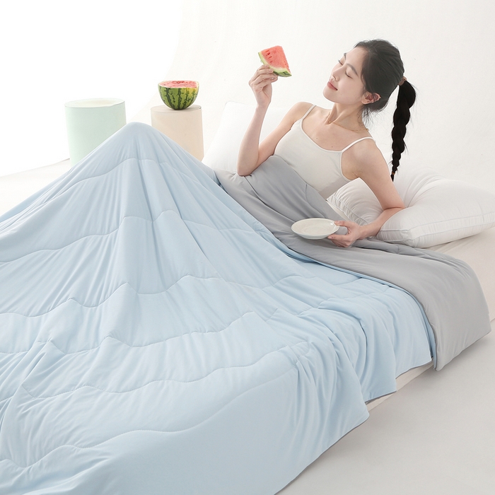 91家纺网 家纺一手货源 找家纺 亚龙工厂店 2024新款冰淇淋云母凉感瓜瓜抗菌夏被浅蓝