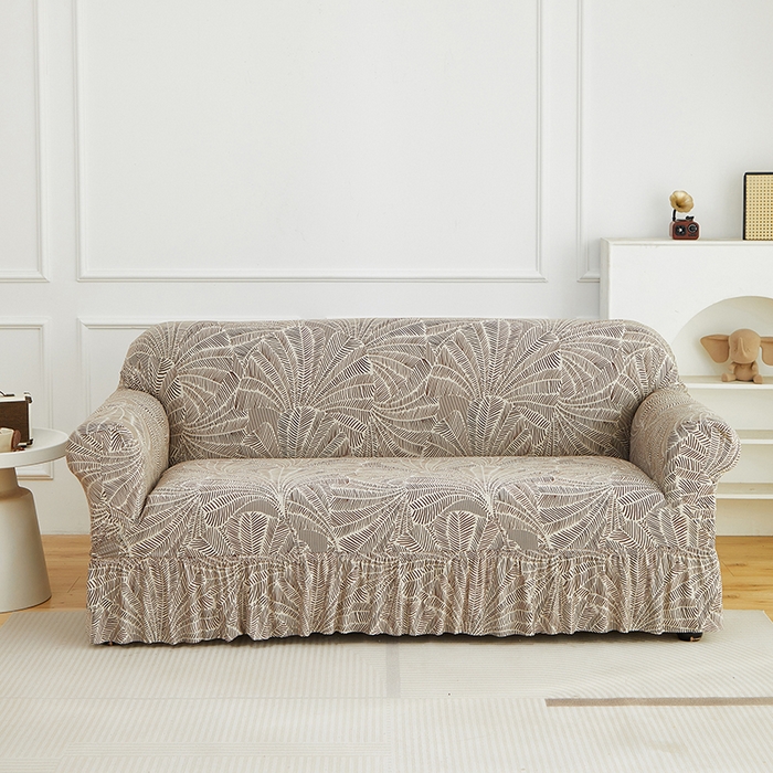 91家纺网 家纺一手货源 找家纺 逐日沙发套 2026新款牛奶丝印花-裙摆沙发套 扇叶咖