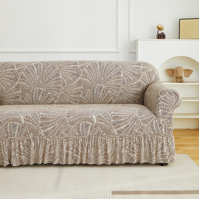 91家纺网 家纺一手货源 找家纺 逐日沙发套 2026新款牛奶丝印花-裙摆沙发套 扇叶咖