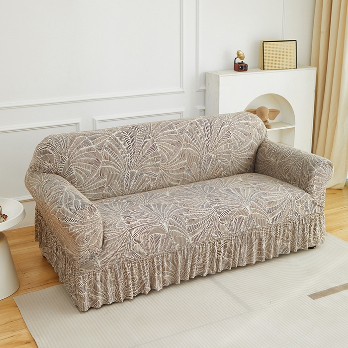 91家纺网 家纺一手货源 找家纺 逐日沙发套 2026新款牛奶丝印花-裙摆沙发套 扇叶咖