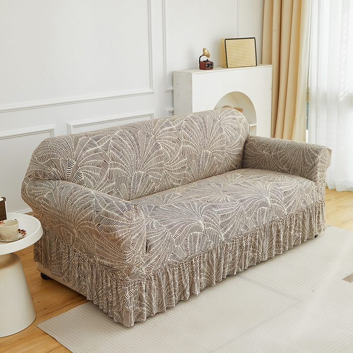 91家纺网 家纺一手货源 找家纺 逐日沙发套 2026新款牛奶丝印花-裙摆沙发套 扇叶咖