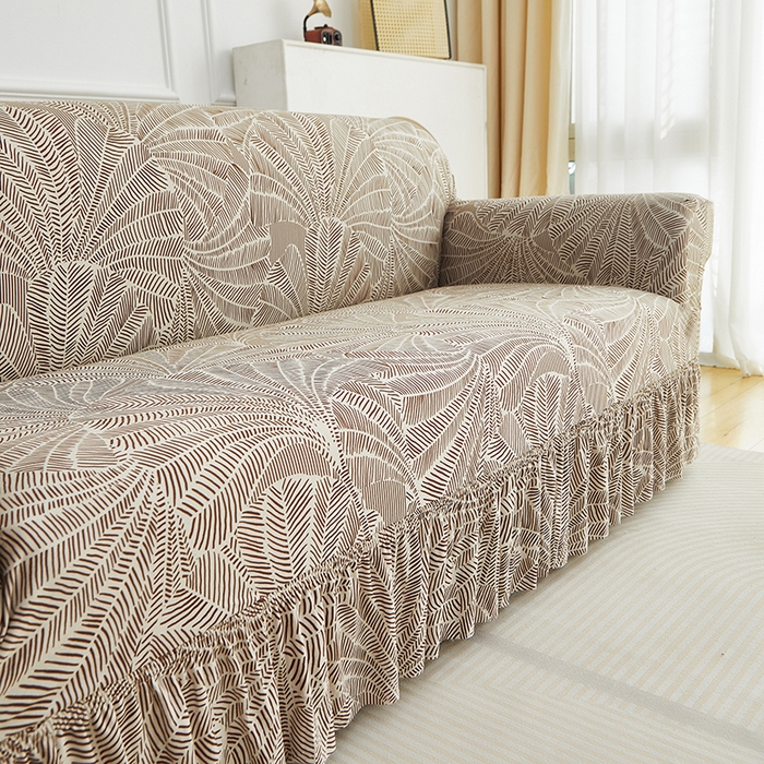 91家纺网 家纺一手货源 找家纺 逐日沙发套 2026新款牛奶丝印花-裙摆沙发套 扇叶咖