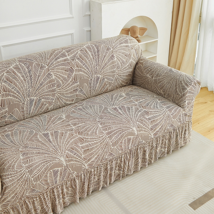 91家纺网 家纺一手货源 找家纺 逐日沙发套 2026新款牛奶丝印花-裙摆沙发套 扇叶咖