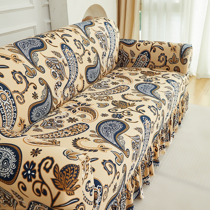 91家纺网 家纺一手货源 找家纺 逐日沙发套 2026新款牛奶丝印花-裙摆沙发套 腰果花