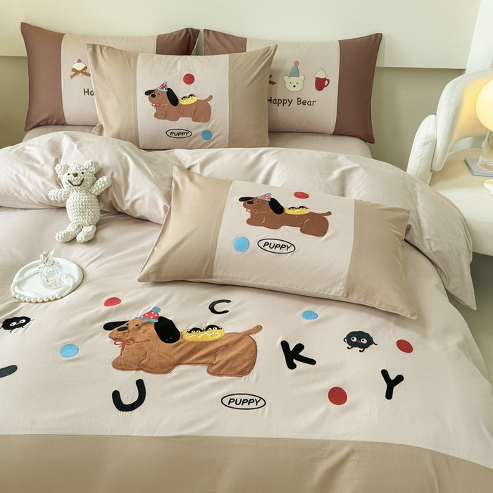 91家纺网 家纺一手货源 找家纺 波比可可 2026新款全棉纯棉可爱刺绣四件套 PUPPY狗