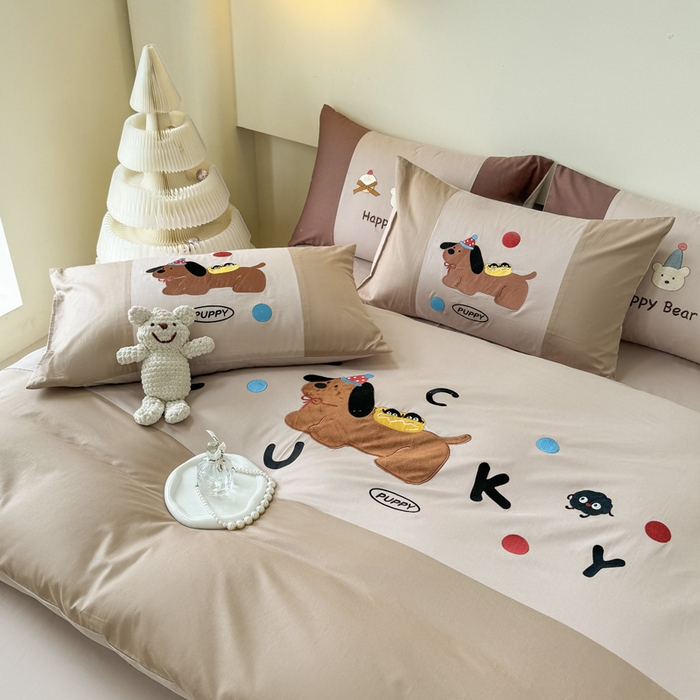 91家纺网 家纺一手货源 找家纺 波比可可 2026新款全棉纯棉可爱刺绣四件套 PUPPY狗