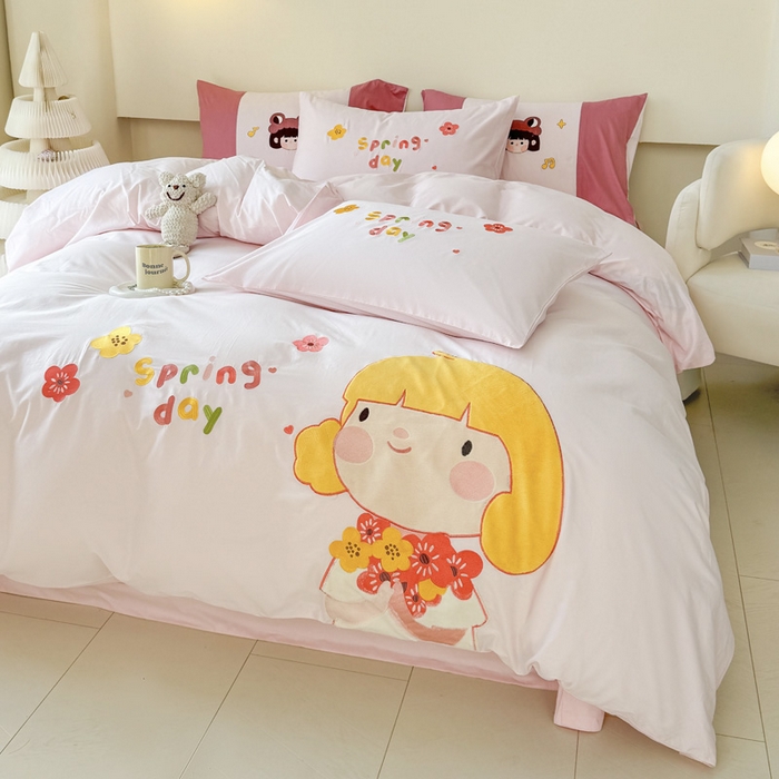 91家纺网 家纺一手货源 找家纺 波比可可 2026新款全棉纯棉可爱刺绣四件套 花花女孩