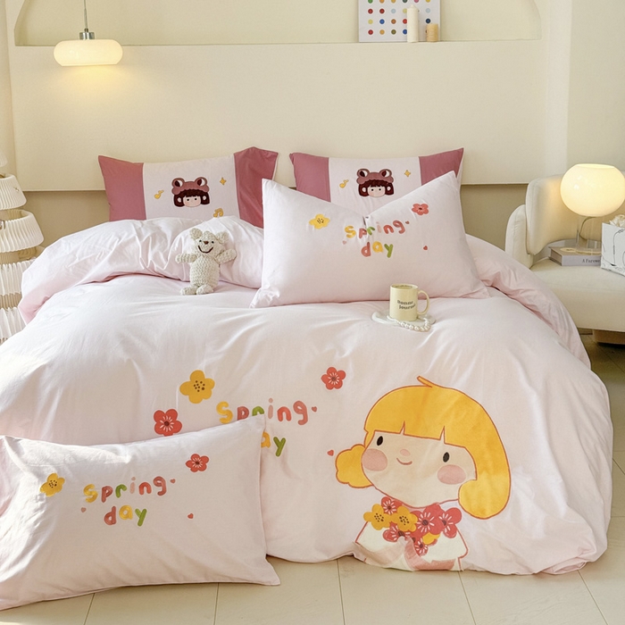 91家纺网 家纺一手货源 找家纺 波比可可 2026新款全棉纯棉可爱刺绣四件套 花花女孩