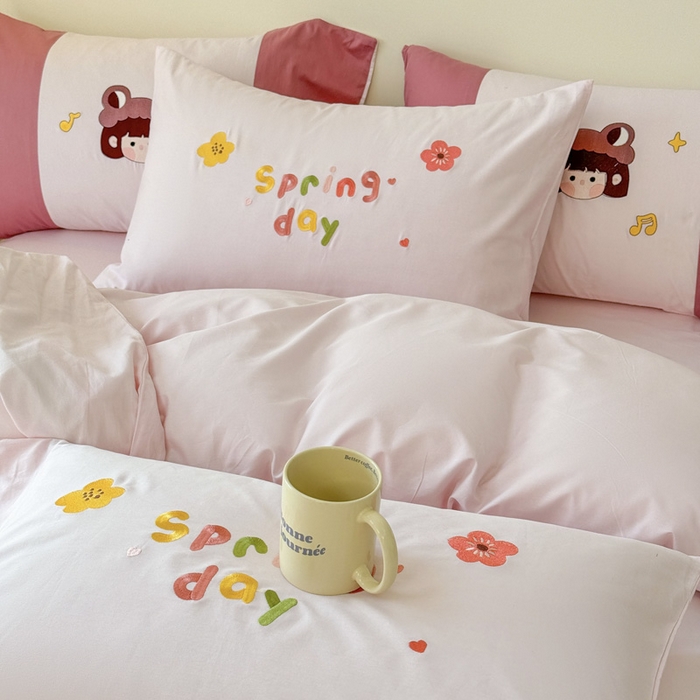 91家纺网 家纺一手货源 找家纺 波比可可 2026新款全棉纯棉可爱刺绣四件套 花花女孩