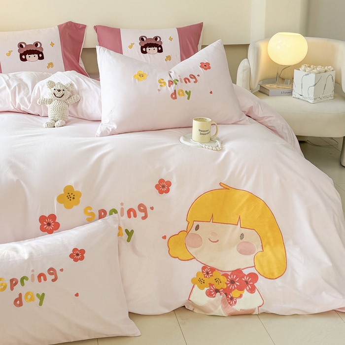 91家纺网 家纺一手货源 找家纺 波比可可 2026新款全棉纯棉可爱刺绣四件套 花花女孩