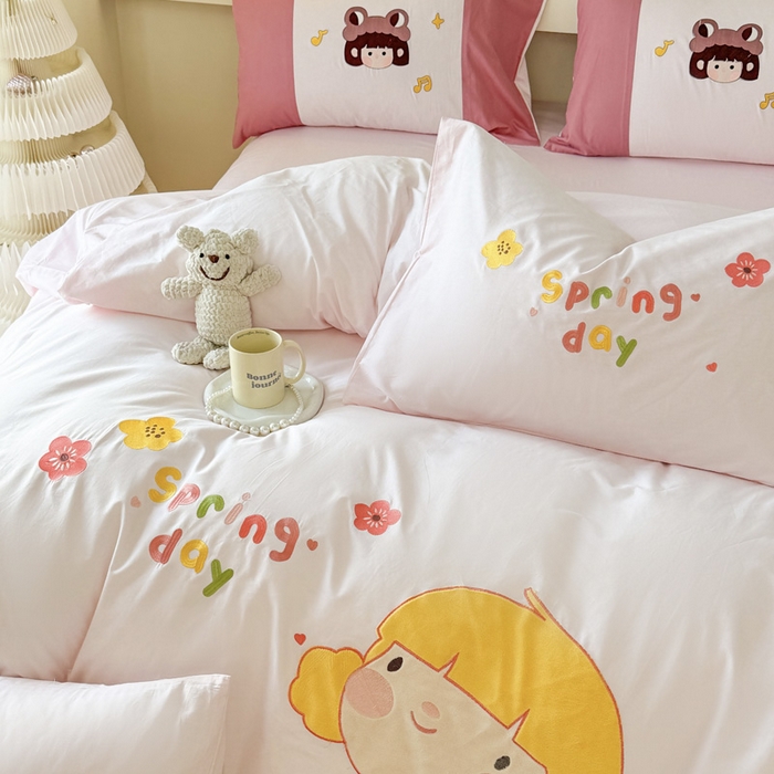 91家纺网 家纺一手货源 找家纺 波比可可 2026新款全棉纯棉可爱刺绣四件套 花花女孩