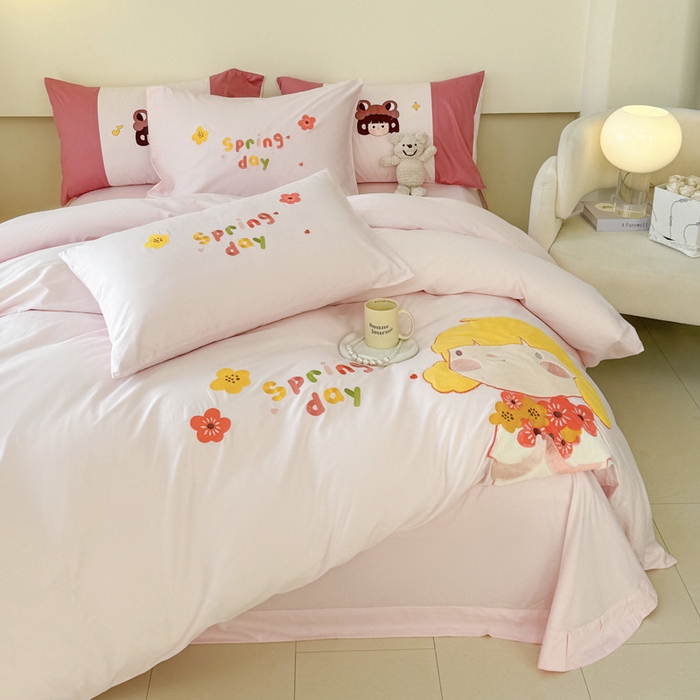 91家纺网 家纺一手货源 找家纺 波比可可 2026新款全棉纯棉可爱刺绣四件套 花花女孩