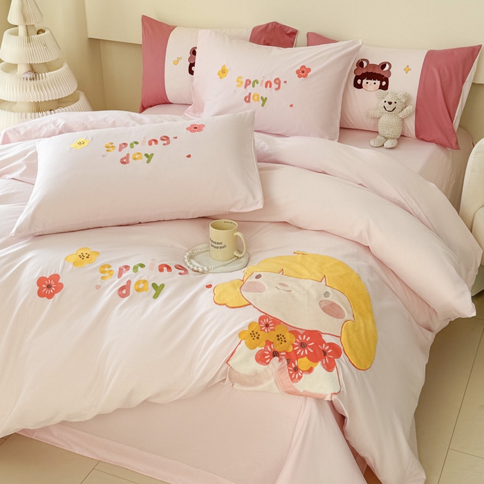 91家纺网 家纺一手货源 找家纺 波比可可 2026新款全棉纯棉可爱刺绣四件套 花花女孩