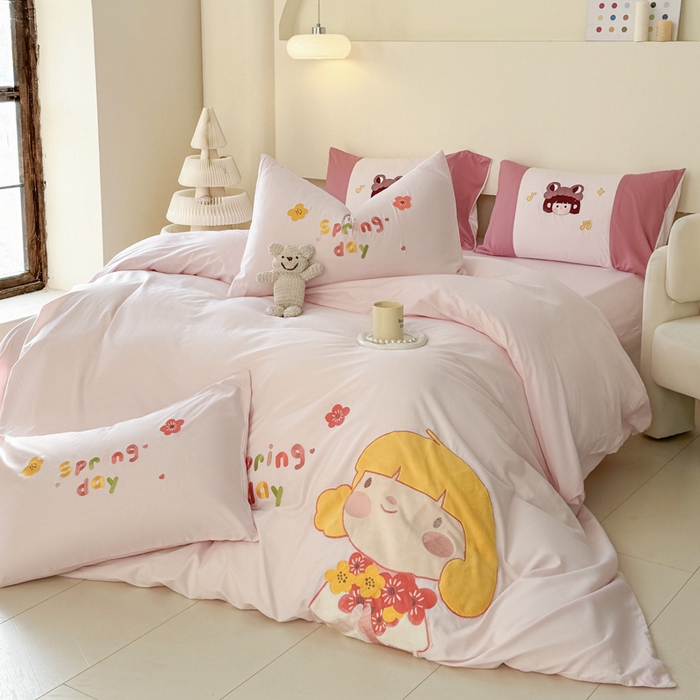 91家纺网 家纺一手货源 找家纺 波比可可 2026新款全棉纯棉可爱刺绣四件套 花花女孩