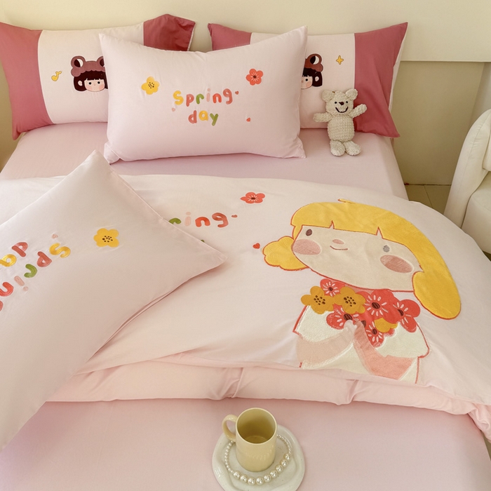 91家纺网 家纺一手货源 找家纺 波比可可 2026新款全棉纯棉可爱刺绣四件套 花花女孩