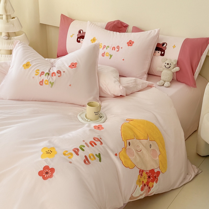 91家纺网 家纺一手货源 找家纺 波比可可 2026新款全棉纯棉可爱刺绣四件套 花花女孩