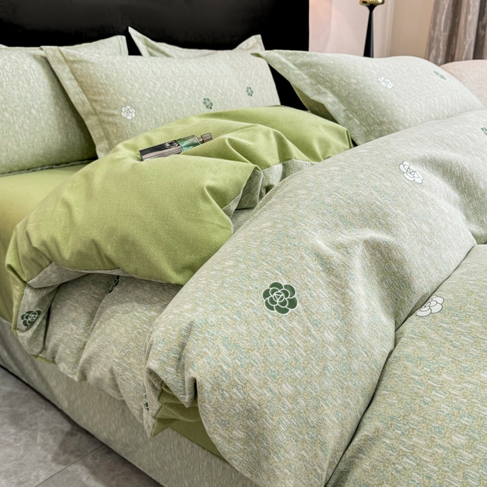 91家纺网 家纺一手货源 找家纺 凌鼎 2025新款喷气加厚磨毛四件套系列2山茶诗篇-绿