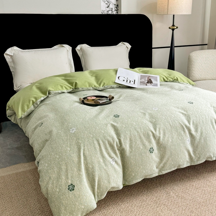 91家纺网 家纺一手货源 找家纺 凌鼎 2025新款喷气加厚磨毛四件套系列2山茶诗篇-绿