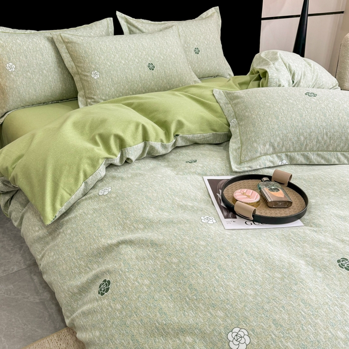 91家纺网 家纺一手货源 找家纺 凌鼎 2025新款喷气加厚磨毛四件套系列2山茶诗篇-绿
