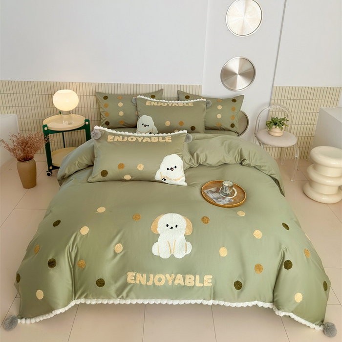 波比可可 2026新款50s长绒棉纯棉全棉居家轻奢刺绣四件套 小比熊