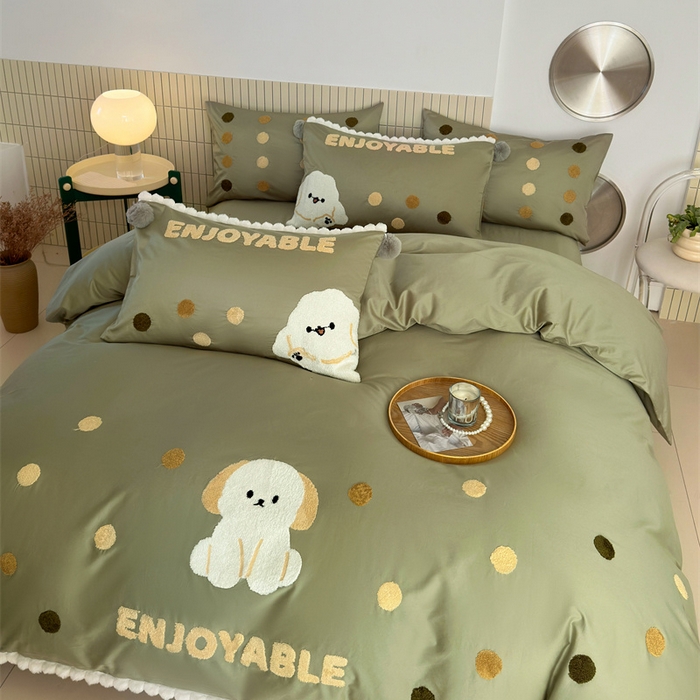 91家纺网 家纺一手货源 找家纺 波比可可 2026新款50s长绒棉纯棉全棉居家轻奢刺绣四件套 小比熊