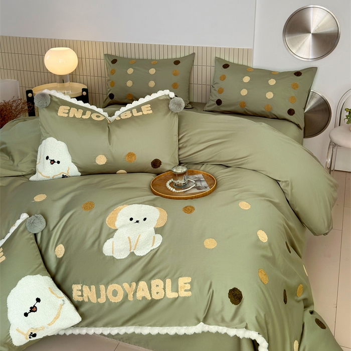 91家纺网 家纺一手货源 找家纺 波比可可 2026新款50s长绒棉纯棉全棉居家轻奢刺绣四件套 小比熊