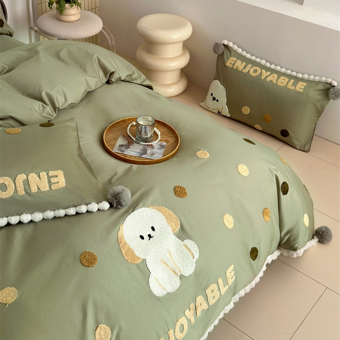 91家纺网 家纺一手货源 找家纺 波比可可 2026新款50s长绒棉纯棉全棉居家轻奢刺绣四件套 小比熊