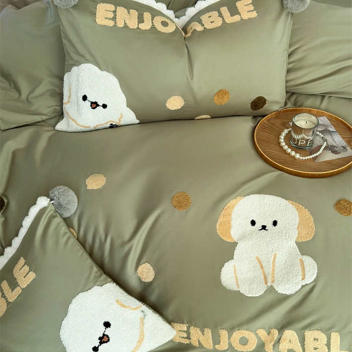 91家纺网 家纺一手货源 找家纺 波比可可 2026新款50s长绒棉纯棉全棉居家轻奢刺绣四件套 小比熊