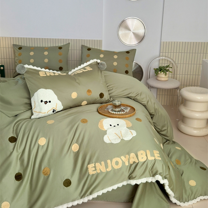 91家纺网 家纺一手货源 找家纺 波比可可 2026新款50s长绒棉纯棉全棉居家轻奢刺绣四件套 小比熊