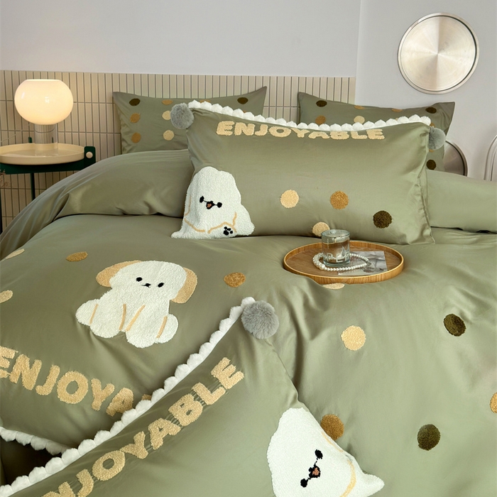 91家纺网 家纺一手货源 找家纺 波比可可 2026新款50s长绒棉纯棉全棉居家轻奢刺绣四件套 小比熊