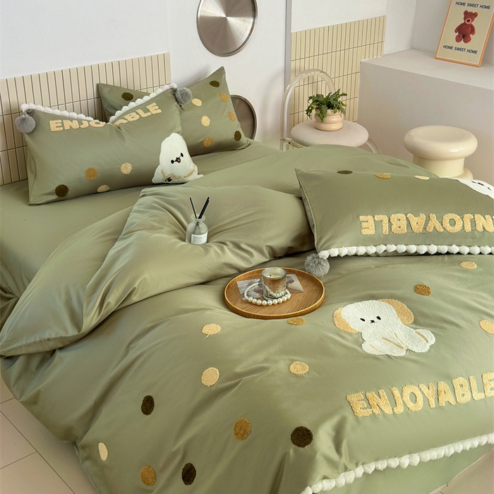 91家纺网 家纺一手货源 找家纺 波比可可 2026新款50s长绒棉纯棉全棉居家轻奢刺绣四件套 小比熊