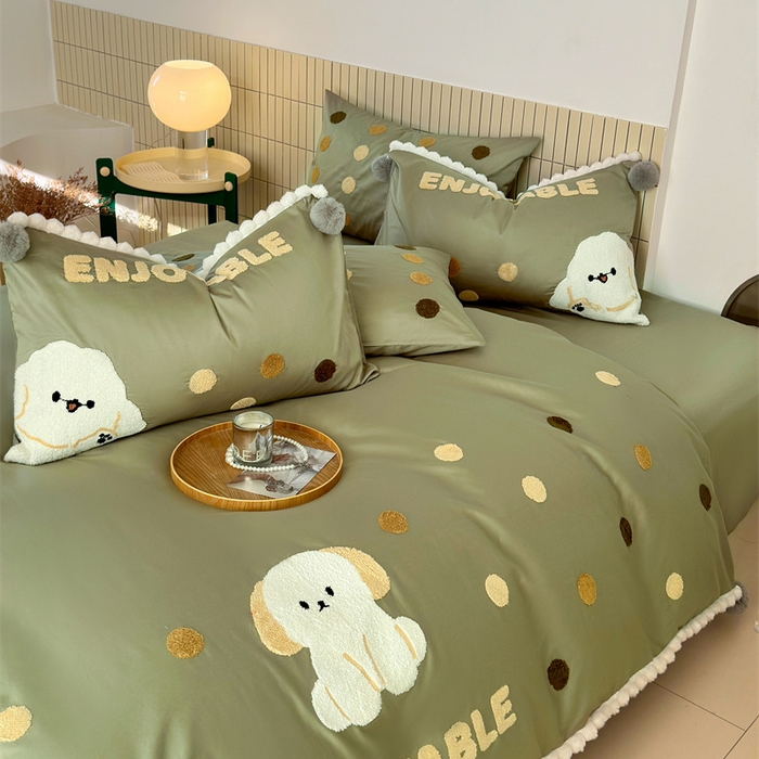 91家纺网 家纺一手货源 找家纺 波比可可 2026新款50s长绒棉纯棉全棉居家轻奢刺绣四件套 小比熊