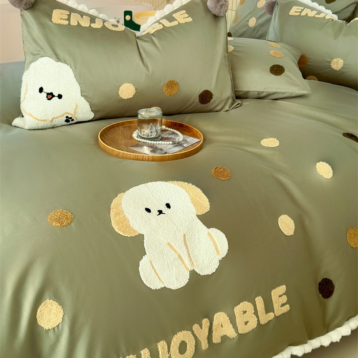 91家纺网 家纺一手货源 找家纺 波比可可 2026新款50s长绒棉纯棉全棉居家轻奢刺绣四件套 小比熊