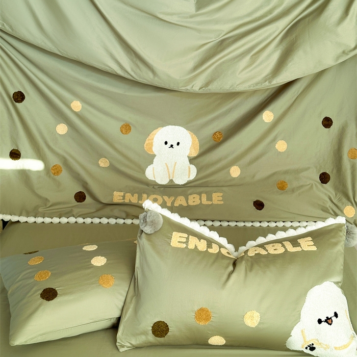 91家纺网 家纺一手货源 找家纺 波比可可 2026新款50s长绒棉纯棉全棉居家轻奢刺绣四件套 小比熊