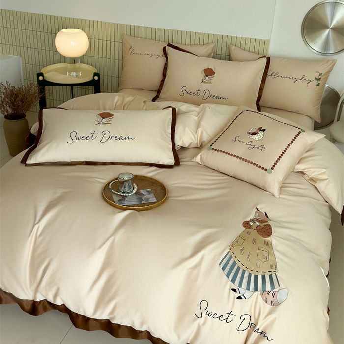 91家纺网 家纺一手货源 找家纺 波比可可 2026新款50s长绒棉纯棉全棉居家轻奢刺绣四件套 咖啡猫