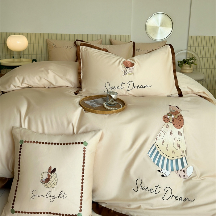 91家纺网 家纺一手货源 找家纺 波比可可 2026新款50s长绒棉纯棉全棉居家轻奢刺绣四件套 咖啡猫