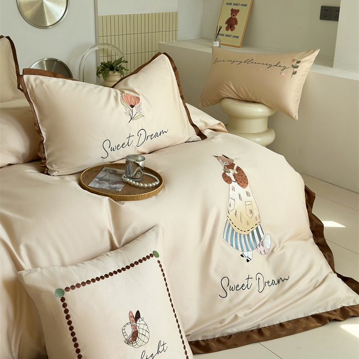 91家纺网 家纺一手货源 找家纺 波比可可 2026新款50s长绒棉纯棉全棉居家轻奢刺绣四件套 咖啡猫