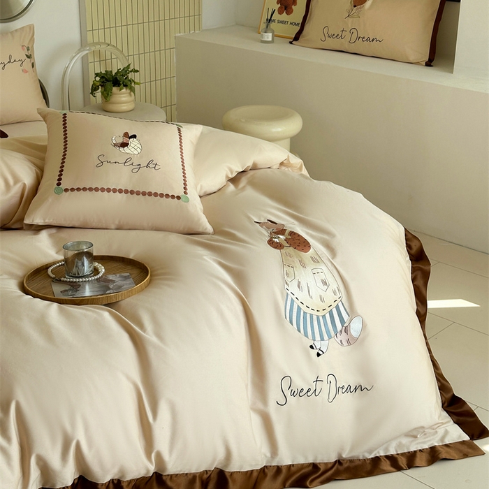 91家纺网 家纺一手货源 找家纺 波比可可 2026新款50s长绒棉纯棉全棉居家轻奢刺绣四件套 咖啡猫