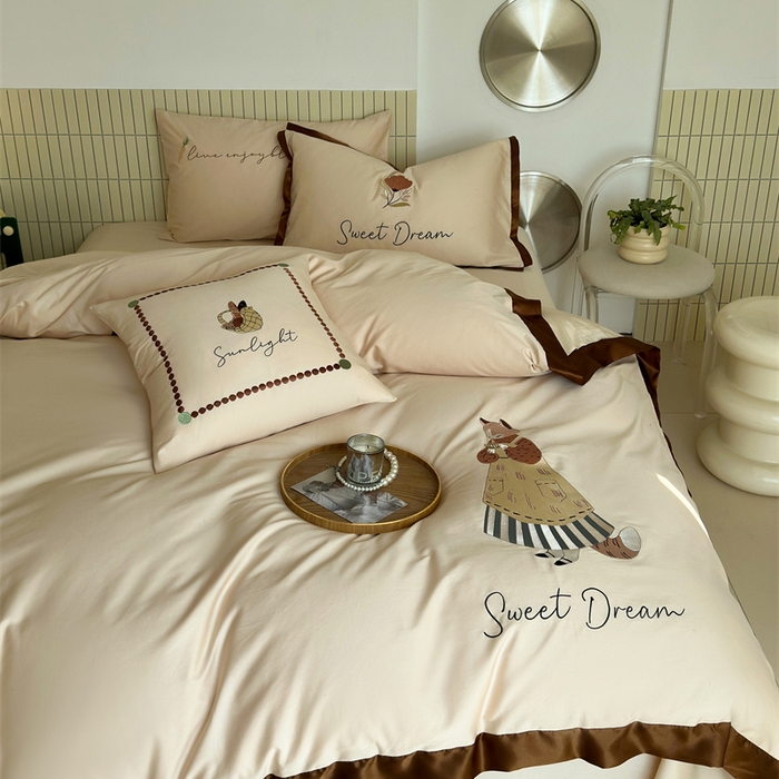 91家纺网 家纺一手货源 找家纺 波比可可 2026新款50s长绒棉纯棉全棉居家轻奢刺绣四件套 咖啡猫