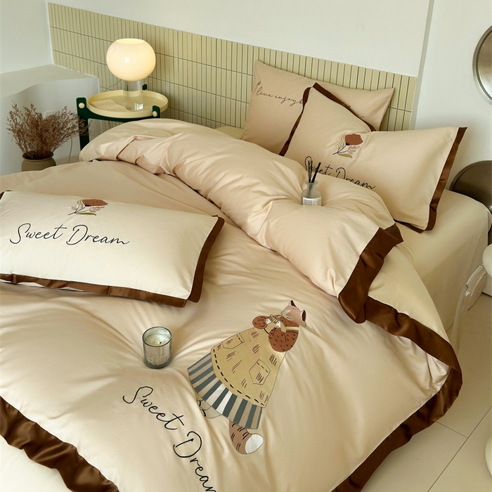 91家纺网 家纺一手货源 找家纺 波比可可 2026新款50s长绒棉纯棉全棉居家轻奢刺绣四件套 咖啡猫