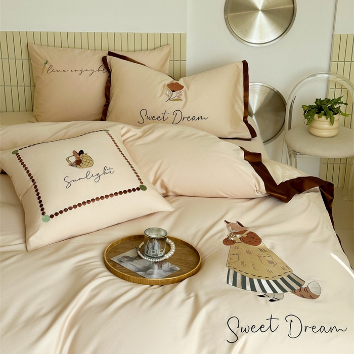 91家纺网 家纺一手货源 找家纺 波比可可 2026新款50s长绒棉纯棉全棉居家轻奢刺绣四件套 咖啡猫