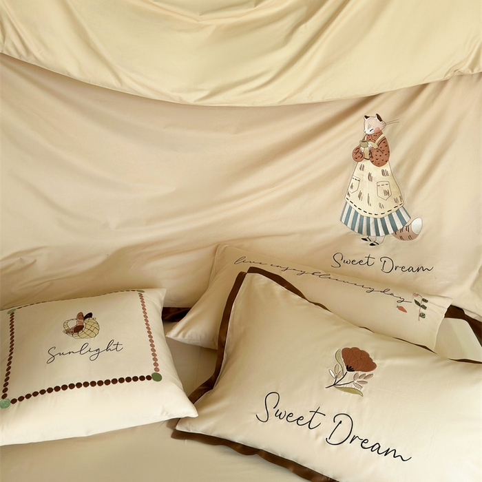 91家纺网 家纺一手货源 找家纺 波比可可 2026新款50s长绒棉纯棉全棉居家轻奢刺绣四件套 咖啡猫