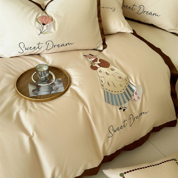 91家纺网 家纺一手货源 找家纺 波比可可 2026新款50s长绒棉纯棉全棉居家轻奢刺绣四件套 咖啡猫