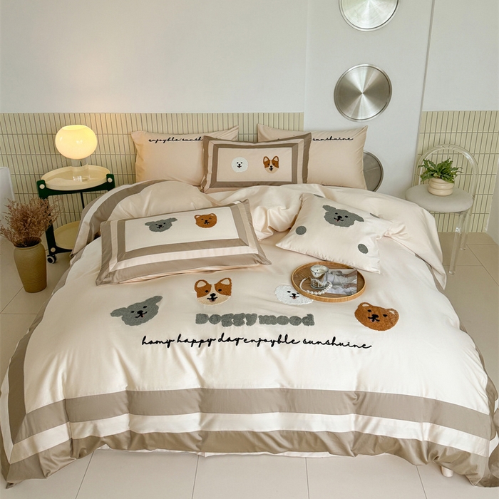 波比可可 2026新款50s长绒棉纯棉全棉居家轻奢刺绣四件套 快乐狗