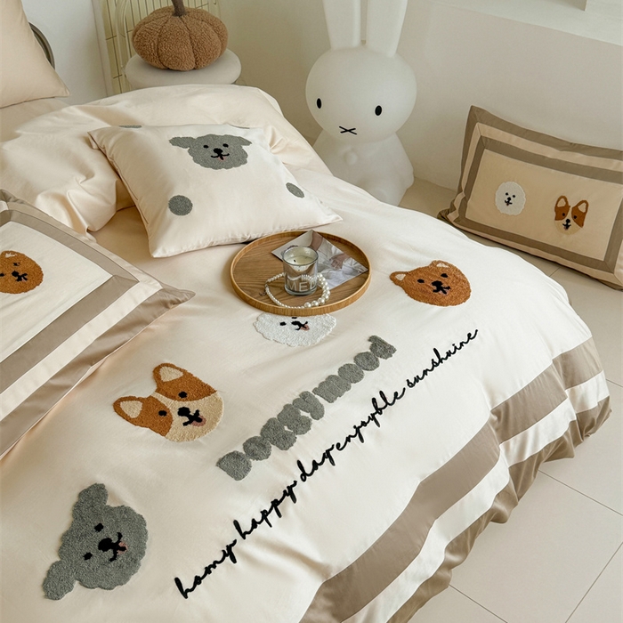 91家纺网 家纺一手货源 找家纺 波比可可 2026新款50s长绒棉纯棉全棉居家轻奢刺绣四件套 快乐狗